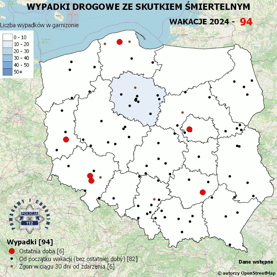 Mapa prezentująca liczbę wypadków poprzedniej doby w Polsce. Prezentowane dane są dostępne w tekście poniżej.