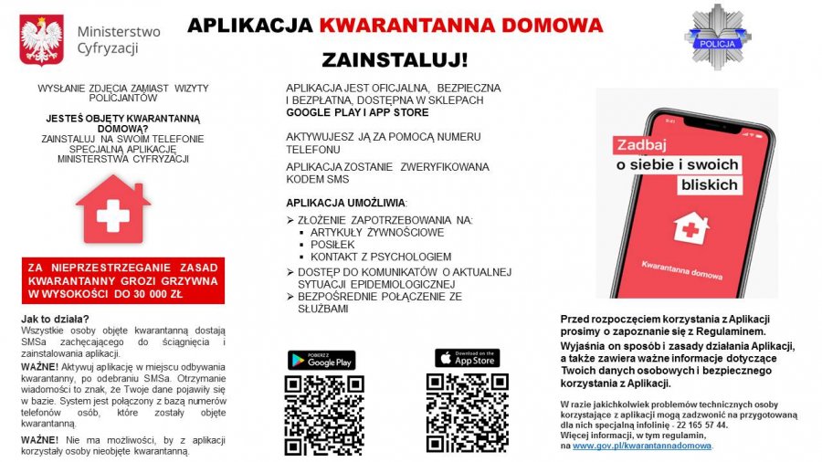 Ulotka informacyjna dotycząca aplikacji "Kwarantanna domowa"