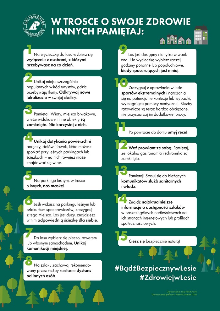 infografika z poradami dotyczącymi wyjść do lasu podcza epidemii