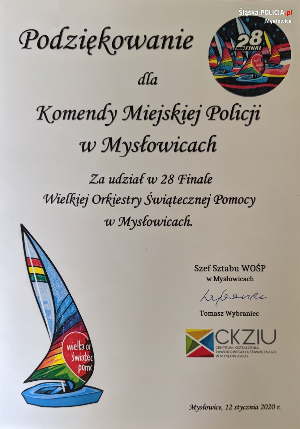 Podziękowania za udział w 28. Finale Wielkiej Orkiestry Świątecznej Pomocy