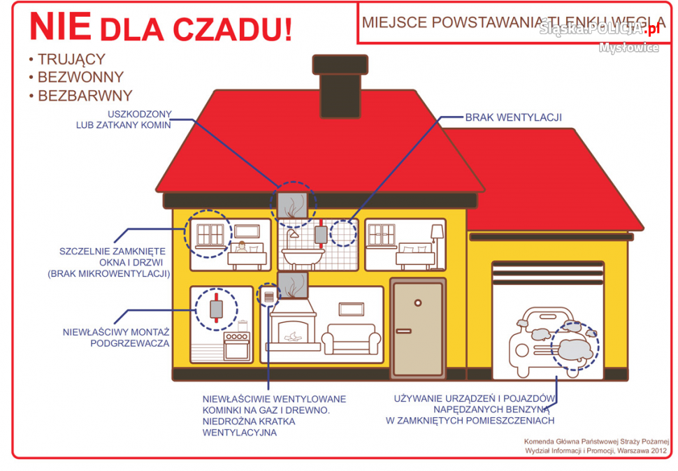 Inforgrafika prezentująca miejsca powstawania tlenku węglą w domu oraz  jego właściwości