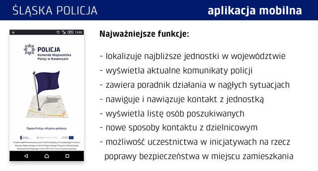 Infografika o aplikacji "Śląska Policja" prezentująca jej nawjażniejsze funkcje.