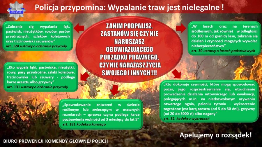 infografika przypominająca o konsekwencjach prawnych wypalania traw. W centralnej części napis: Zanim podpalisz, zastanów się czy nie naruszasz obowiązującego porządku prawnego, czy nie narażasz życia swojego i innych!