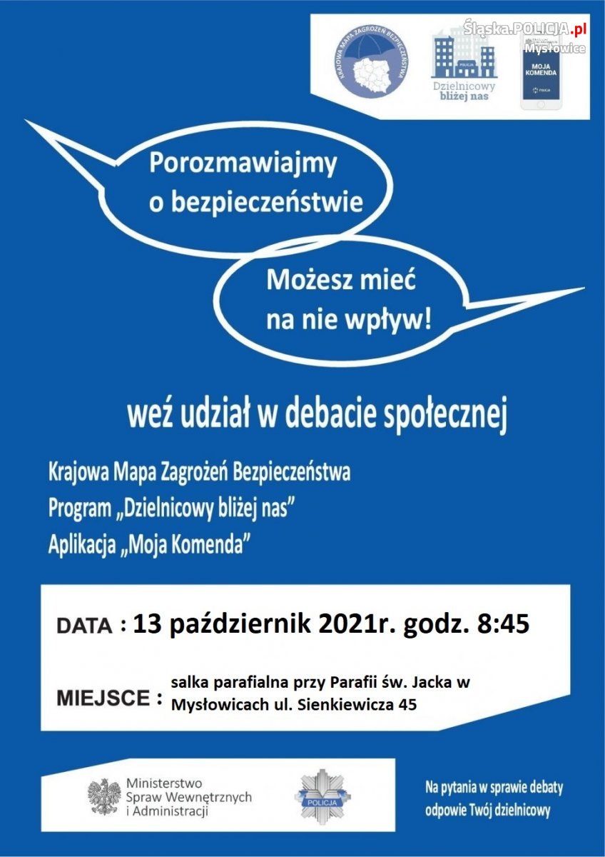 plakat informujący o debacie w dniu 13 października 2021 godzina 8:45 ul. Sienkiewicza 45