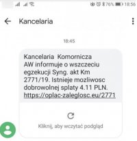 zdjęcie wiadomości tekstowej z telefonu komórkowego informujące o egzekucji komorniczej