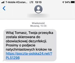 fałszywy sms o konieczności dezynfekcji paczki