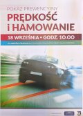 Tekst: Pokaz prewencyjny prędkość i hamowanie
18 września godz. 10.00 ul. Obrzeżna Północna (na wysokości giełdy samochodowej). Zdjęcie samochodu z zaznaczonymi śladami hamowania