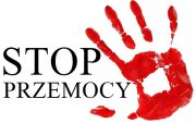 tekst: stop przemocy i odciśnięta dłoń w kolorze czerwonym