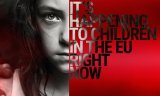 twarz dziewczynki, po prawej stronie napis It&#039;s happening to children in the EU right now