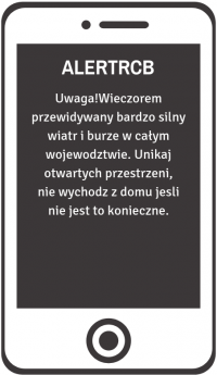 zdjęcie kolorowe: rysunek wyświetlacza telefonu komórkowego z przykładowym komunikatem RCB dotyczącym występowania silnego wiatru i burz