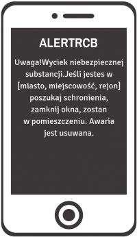 zdjęcie kolorowe: rysunek wyświetlacza telefonu komórkowego z przykładowym komunikatem RCB dotyczącym wycieku niebezpiecznej substancji