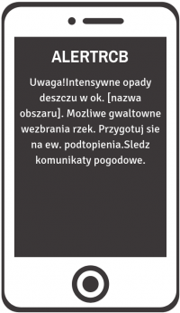 zdjęcie kolorowe: rysunek wyświetlacza telefonu komórkowego z przykładowym komunikatem RCB dotyczącym wystąpienia intensywnych opadów deszczu