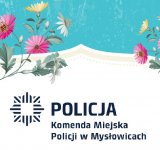 Kartka z okazji Dnia Kobiet. W górnej części kwiatki na niebieskim tle, na dole napis Policja Komenda Miejska Policji w Mysłowicach.