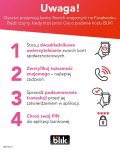 Infografika z dialogiem: - Hej -Cześć -Podałabyś mi swój kod BLIK? Muszę pojechać po koleżankę nad morze i nie wzięłam ze sobą karty Pod spodem biały trójkąt ostrzegawczy w wykrzyknikiem i napisem STOP na czerwonym tle. Pod spodem logo z napisem BLIK