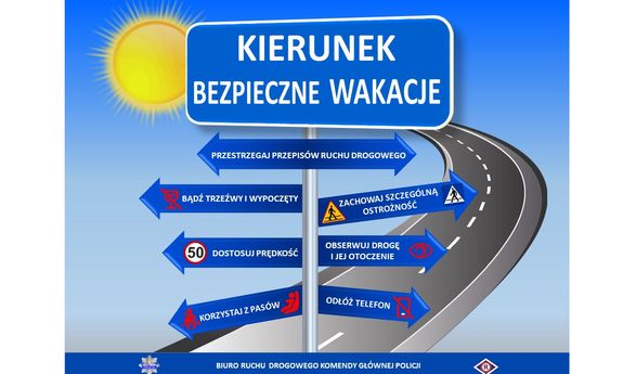 Grafika z drogą i słońcem na niebieskim tle, na pierwszym planie znak z napisem &amp;amp;quot;Kierunek bezpieczne wakacje&amp;amp;quot;, poniżej strzałki z napisami: Przestrzegaj przepisów ruchu drogowego, Bądź trzeźwy i wypoczęty, Zachowaj szczególną ostrożność, Dostosuj prędkość, Obserwuj drogę i jej otoczenie, Korzystaj z pasów, Odłóż telefon. Na dole grafiki napis Biuro Ruchu Drogowego Komendy Głównej Policji.