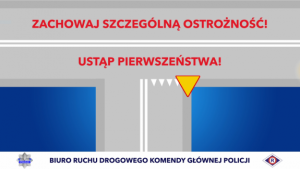 slajd ze spotu w ramach akcji &quot;Dla każdego jest miejsce na drodze&quot; z napisem Zachowaj ostrożność - ustąp pierwszeństwa Biura Ruchu Drogowego KGP