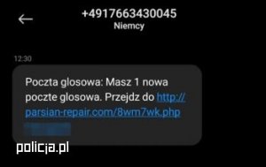 wiadomość sms z niemieckiego numeru. U góry numer telefonu z Niemiec , pod spodem znajduje się napis Niemcy.
Poniżej wiadomość: Poczta głosowa: Masz jedna nowa poczte głosowa. Przejdź do: i tutaj podany jest fałszywy link