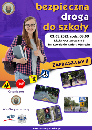 plakat informujący o akcji Bezpieczna droga do szkoły w Mysłowicach 3 września o godzinie 9.00 w Szkole Podstawowej nr 3