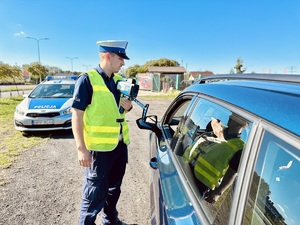 zdjęcie przedstawia policjanta w trakcie kontroli drogowej