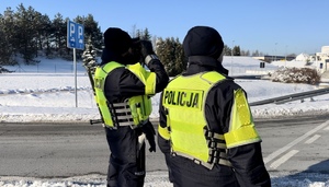 Zdjęcie przedstawia policjantów w trakcie kontroli ruchu drogowego na autostradzie