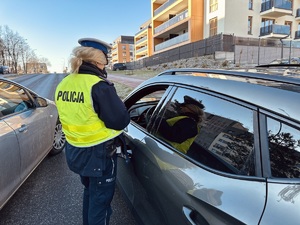 zdjęcie przedstawia policjanta w trakcie kontroli drogowej