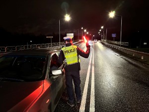 zdjęcie przedstawia policjanta w trakcie kontroli drogowej