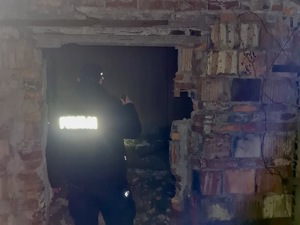 zdjęcie przedstawia policjanta w trakcie kontroli pustostanów