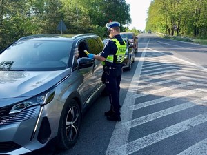 zdjęcie przedstawia policjantów w trakcie kontroli drogowej