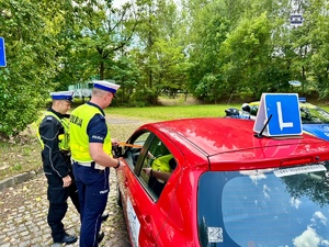 zdjęcie przedstawia policjantów w trakcie kontroli drogowej