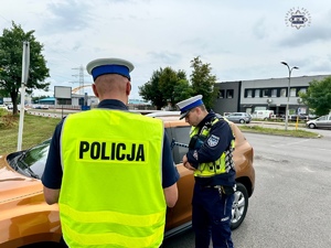 zdjęcie przedstawia policjantów w trakcie kontroli drogowej