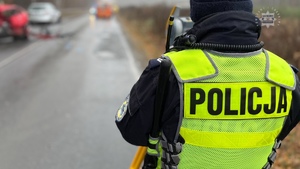 zdjęcie przedstawia policjantów na miejscu wypadku drogowego