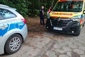 zdjęcie przedstawia policjantów i ratowników medycznych na miejscu zdarzenia