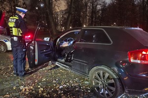 zdjęcie przedstawia policjanta w trakcie kontroli drogowej