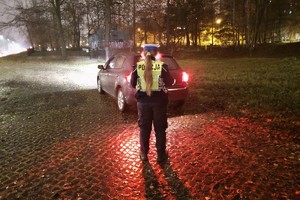 zdjęcie przedstawia policjanta w trakcie kontroli drogowej