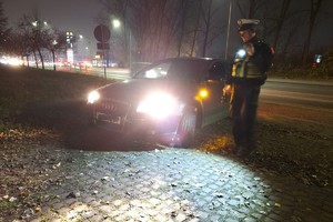 zdjęcie przedstawia policjanta w trakcie kontroli drogowej
