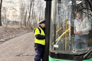 zdjęcie przedstawia policjantów kontrolujących pojazd ciężarowy