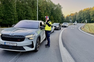policjant w trakcie kontroli drogowej.